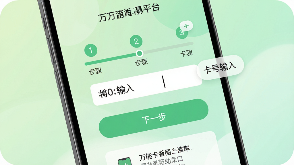 手机屏幕展示万能流量卡平台的激活引导页面,画面中央为步骤进度条与卡号输入框,下方有“下一步”按钮和图文帮助入口,背景为柔和浅绿色渐变,风格为友好引导式UI,细节包括步骤序号、输入光标、提示气泡,画质清晰,干净,无多余元素