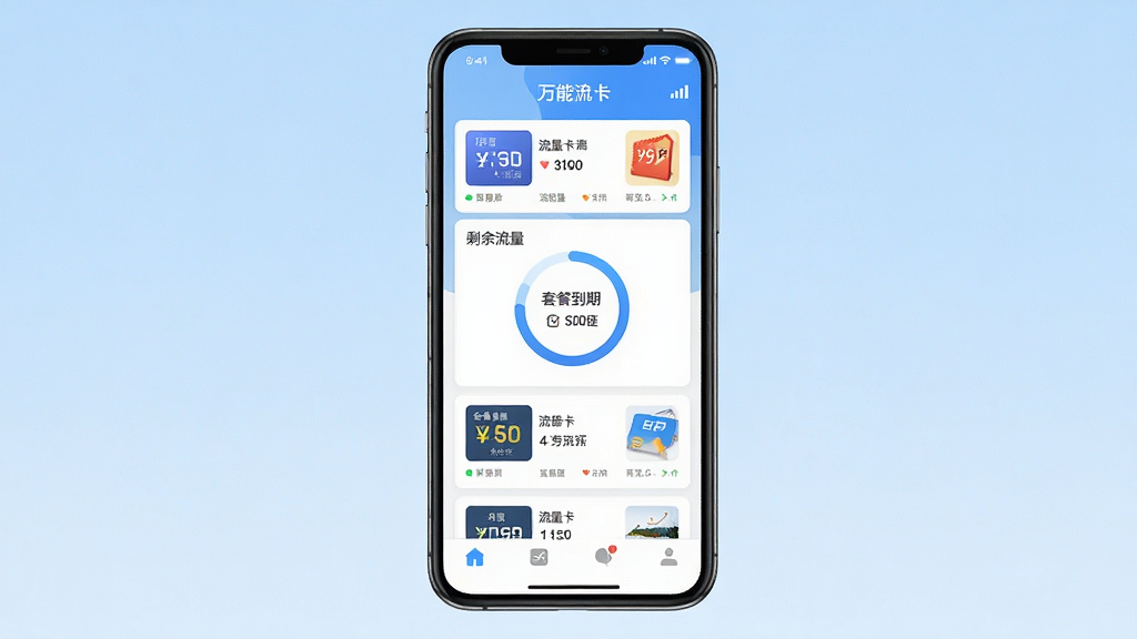 一张手机屏幕居中展示万能流量卡平台应用主界面,界面包含流量卡列表、剩余流量环形进度条、套餐到期提醒卡片,背景为浅蓝色渐变,布局简洁对称,风格为现代扁平化UI设计,细节包括信号图标、卡片缩略图、底部导航栏,画质清晰,干净,无多余元素