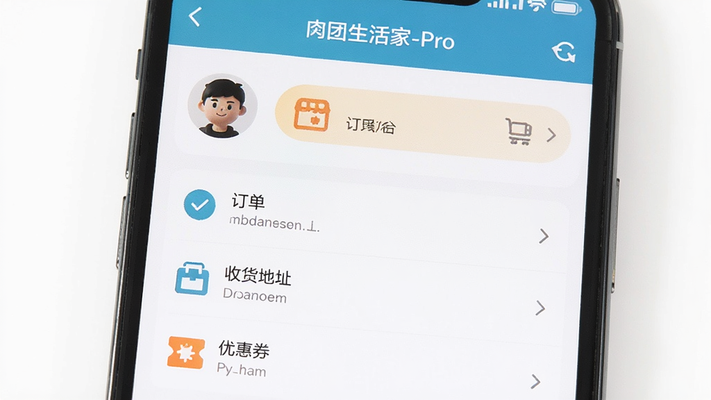 手机屏幕展示肉团生活家-Pro个人中心页面,画面中包含头像、订单入口、收货地址、优惠券等模块,布局采用列表式设计,风格简约清爽,细节展示图标和文字说明,画质清晰,背景干净,无多余元素