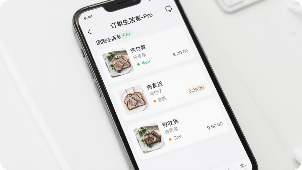 手机屏幕展示肉团生活家-Pro订单管理界面,画面中手机竖屏显示订单列表,包含待付款、待发货、待收货等状态标签,布局采用卡片式设计,风格简洁现代,细节展示商品小图和订单编号,画质清晰,背景干净,无多余装饰