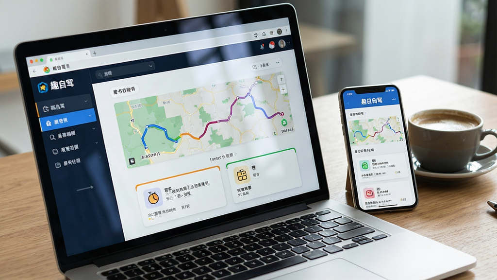 一张趣自驾智能路书生成功能的展示图,画面主体是一台打开的笔记本电脑和一部手机并排摆放,电脑屏幕显示趣自驾网页版路书编辑界面,手机屏幕显示生成的每日行程列表,屏幕中可见“趣自驾”软件名称和路线地图,背景是木质桌面和一杯咖啡,风格为生活化办公场景,细节包括屏幕反光、路线彩色线条、行程卡片图标,画质清晰,干净无杂物