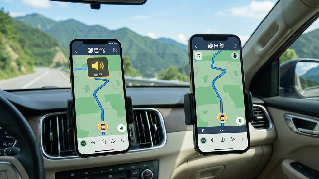 一张趣自驾离线地图与语音播报功能的场景图,画面是一辆行驶在盘山公路上的SUV车内视角,中控台手机支架上手机屏幕显示趣自驾离线地图界面,地图上有路线和车辆位置图标,屏幕上方有“趣自驾”字样,语音播报图标亮起,背景是车窗外的青山和蓝天,风格为真实自驾场景,细节包括手机屏幕清晰、车内环境整洁、光线自然,画质高清,干净无多余元素