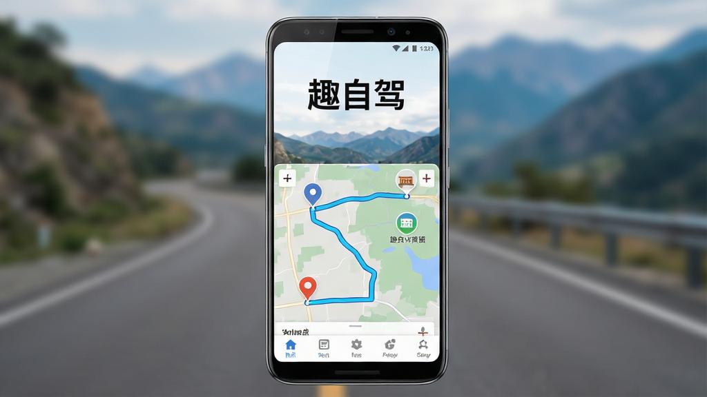 一张展示趣自驾软件界面的手机样机图,画面中心是一部竖屏安卓手机,屏幕中显示趣自驾APP的主页,主页上方有“趣自驾”三个大字,下方是地图路线规划界面,有起点终点标记和沿途景点图标,背景是模糊的公路与远山风景,风格为现代科技感UI展示,细节包括手机边框反光、屏幕内路线高亮、底部导航栏图标清晰,画质高清,干净整洁,无多余元素