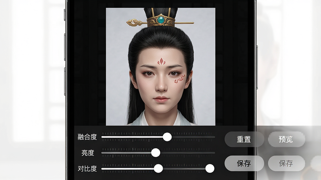 一张手机操作界面截图,画面展示换脸合成编辑页面,中央是人物换脸后的预览图,人物面部已融入古装造型模板,底部有“融合度”“亮度”“对比度”三个滑动调节条,右侧有“重置”“预览”“保存”按钮,整体界面以深色背景搭配白色文字,风格为专业修图工具UI,细节上滑块带有精细刻度,按钮有按压反馈效果,画面干净无杂乱,高清画质