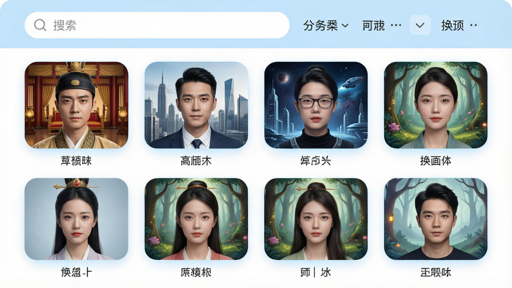 一张应用素材库界面展示图,画面以网格形式排列着十二个换脸模板缩略图,每个缩略图展示不同场景,包括古代宫廷、现代都市、科幻太空、童话森林等,缩略图下方标注分类标签,界面顶部有搜索框和分类筛选栏,整体配色清新柔和,以浅蓝和白色为主,风格为移动端应用界面设计,细节上缩略图圆角统一,间距均匀,画面干净有序,无多余元素,高清画质