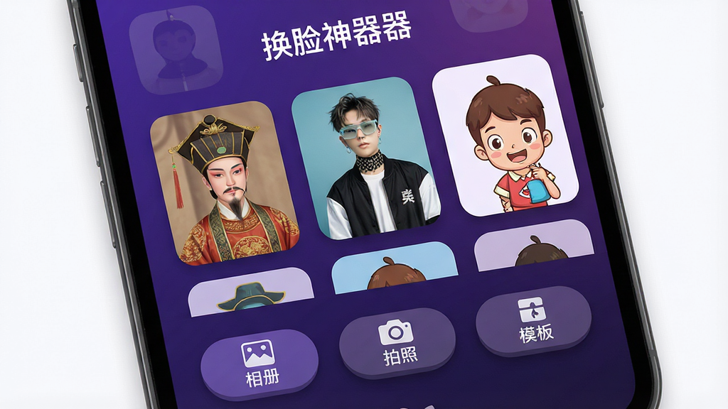 一张手机屏幕特写,画面中央是“换脸神器”应用主界面,界面以深紫色渐变为主色调,顶部显示软件名称“换脸神器”,中间排列着多个圆角矩形的换脸模板缩略图,包含古装人物、现代潮人、卡通形象等风格,底部有“相册”“拍照”“模板”三个功能按钮,整体布局简洁清晰,风格为现代扁平化UI设计,细节上按钮带有轻微阴影和圆角,画面干净明亮,无多余元素,高清画质