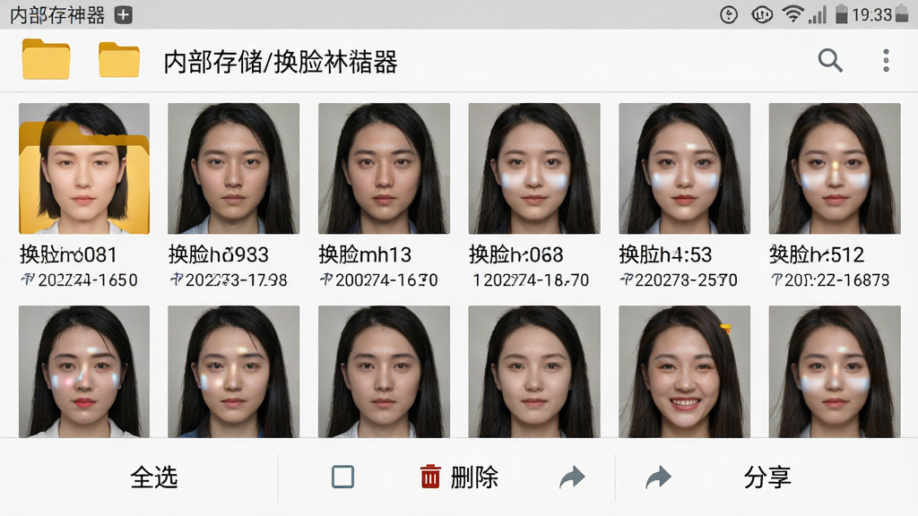 一张手机屏幕截图,画面展示“换脸神器”的相册保存路径界面,屏幕上方显示文件管理器路径“内部存储/换脸神器”,下方列出多张换脸合成后的图片缩略图,每张缩略图带有文件名和日期,界面底部有“全选”“删除”“分享”按钮,整体风格为安卓文件管理器原生界面,细节上文件夹图标为黄色,图片缩略图清晰,画面干净整洁,无多余元素,高清画质