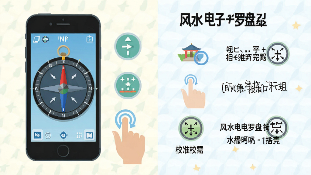 风水电子罗盘使用指南示意图 主体为手机屏幕显示罗盘界面 旁边有手势操作图标与校准提示 布局为左右分栏 风格扁平化教学图示 细节包括方向箭头 校准图标 文字说明 画质清晰 干净 无多余元素 画面中带有文字