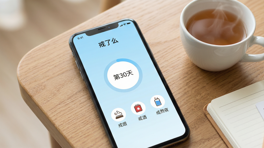 一张展示智能手机屏幕的图片,屏幕中显示“戒了么”应用主界面,界面中央有一个醒目的圆形打卡按钮,上方显示连续打卡天数“第30天”,下方排列着戒烟、戒酒、戒熬夜等习惯图标,背景为柔和的浅蓝色渐变,手机放置在木质桌面上,旁边有一杯热茶和一本笔记本,整体风格清新简约,画质清晰,光线柔和,干净无多余元素