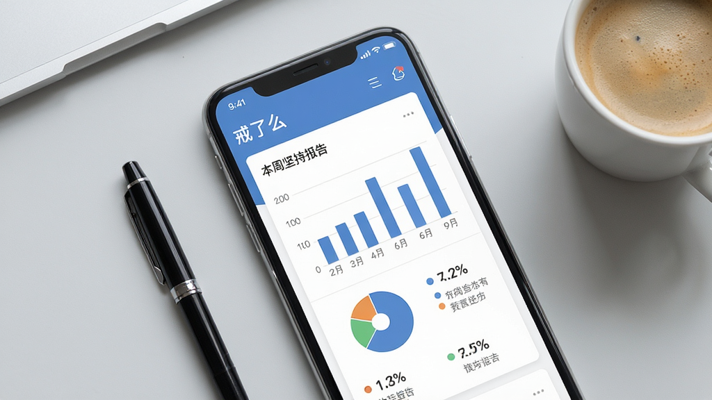 一张展示“戒了么”应用数据统计页面的手机截图风格图片,屏幕中显示周报卡片,包含柱状图、饼图和数字指标,标题写着“本周坚持报告”,手机旁有一支笔和一杯咖啡,背景为浅灰色桌面,风格商务简约,画质清晰,光线均匀,干净无杂乱元素