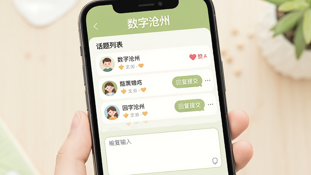 主体为手机界面展示社区互动留言板和反馈提交页面,屏幕顶部有