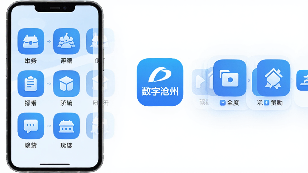 主体为手机屏幕展示多个城市服务功能图标排列,画面中央有