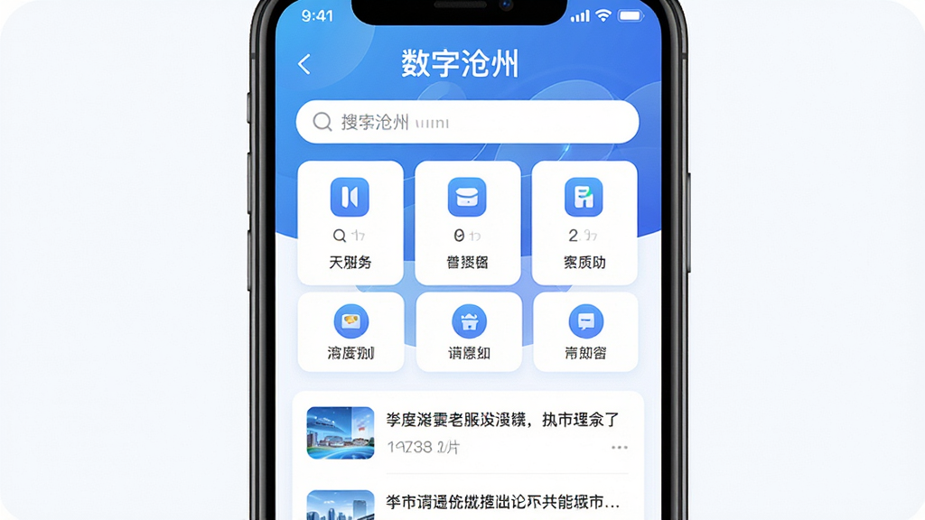 主体为一部智能手机,屏幕中显示城市服务类应用主界面,界面上方有
