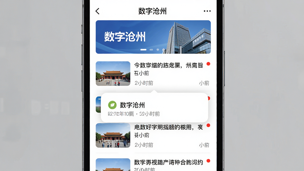 主体为手机界面展示新闻资讯列表和通知提醒弹窗,屏幕上方有