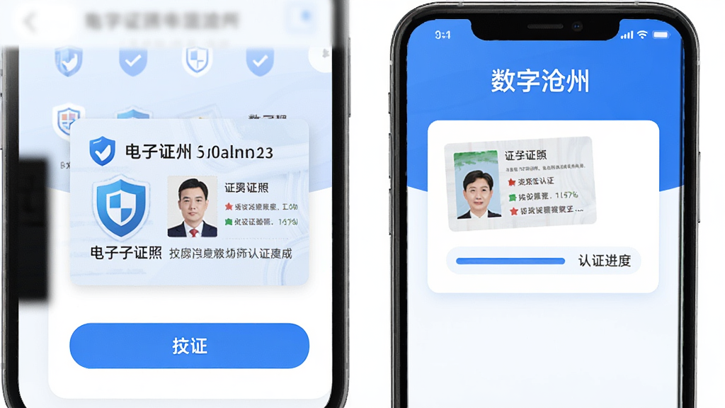 主体为手机屏幕显示电子证照卡片和实名认证界面,画面中有