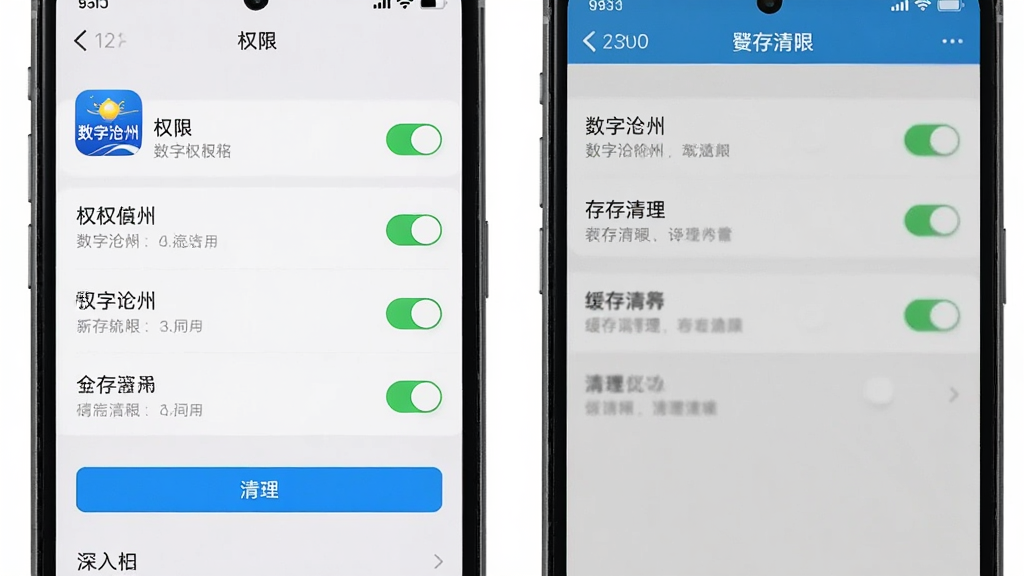 主体为手机屏幕展示应用权限设置页面和缓存清理界面,画面中有