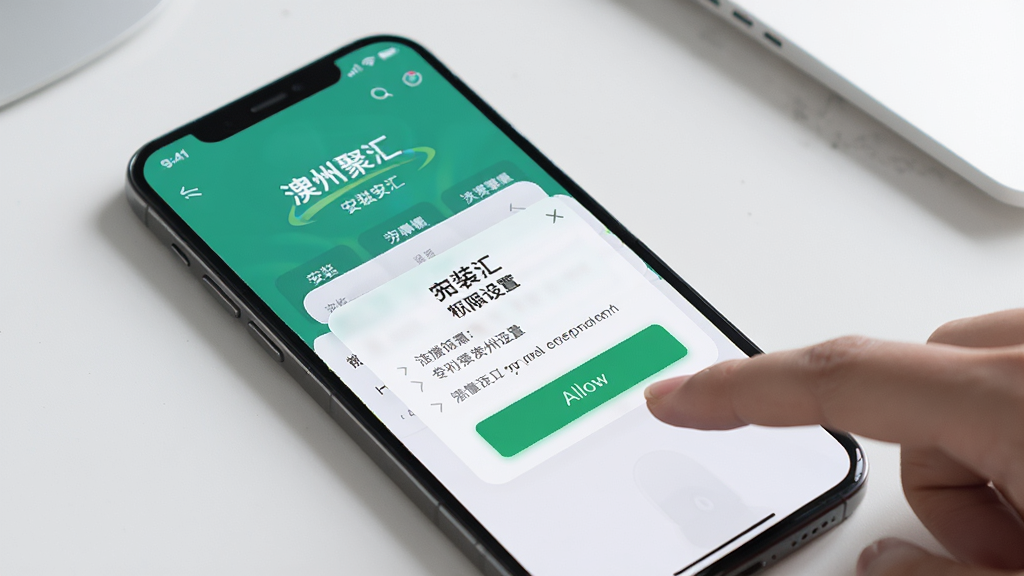 画面主体是一部手机屏幕显示“澧州聚汇”安装界面与权限设置弹窗,旁边有一只手正在点击允许按钮,背景是简洁的桌面环境,布局采用对角线构图,风格为写实UI展示,细节上弹窗文字清晰、按钮高亮,画质清晰、干净、无多余元素