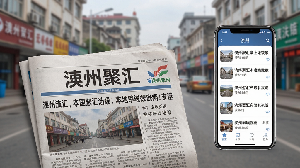 画面主体是一张打开的报纸与一部手机并排摆放,报纸上印有“澧州聚汇”字样和本地新闻标题,手机屏幕中展示资讯列表界面,背景是澧州城市街景的虚化图像,布局采用左右对称构图,风格为写实摄影与UI展示结合,细节上报纸纹理清晰、手机界面图标精致,画质高清、干净、无多余元素