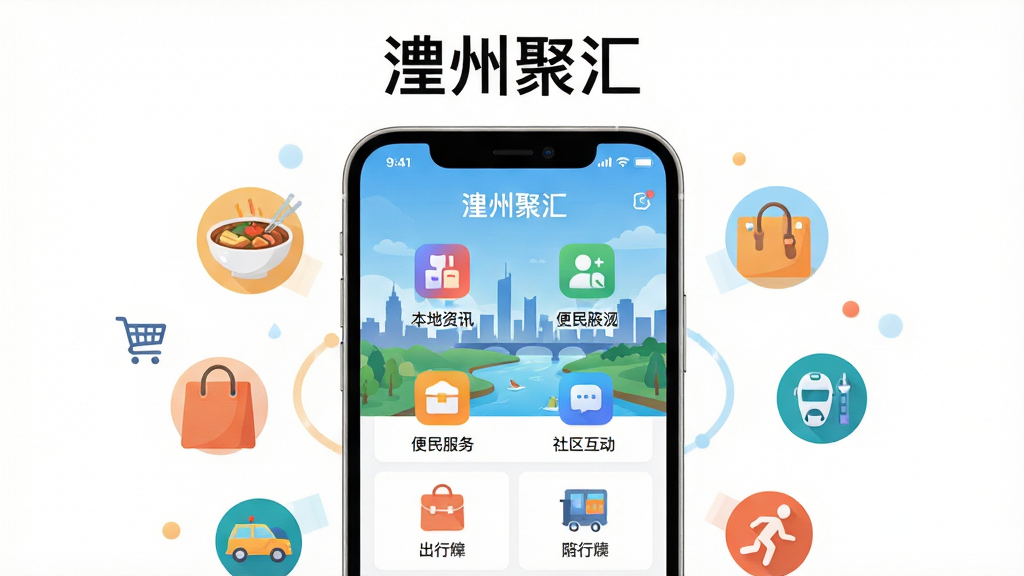 画面主体是一部智能手机,屏幕中显示“澧州聚汇”应用主界面,界面上分布着本地资讯、便民服务、社区互动等模块图标,背景是澧州城市剪影与河流风光,手机周围环绕着美食、购物、出行等生活元素图标,整体布局采用居中构图,上方留白放置应用名称,下方展示功能亮点,风格为现代扁平化设计,细节上手机边框圆润、图标色彩鲜明,画质清晰、干净、无多余元素