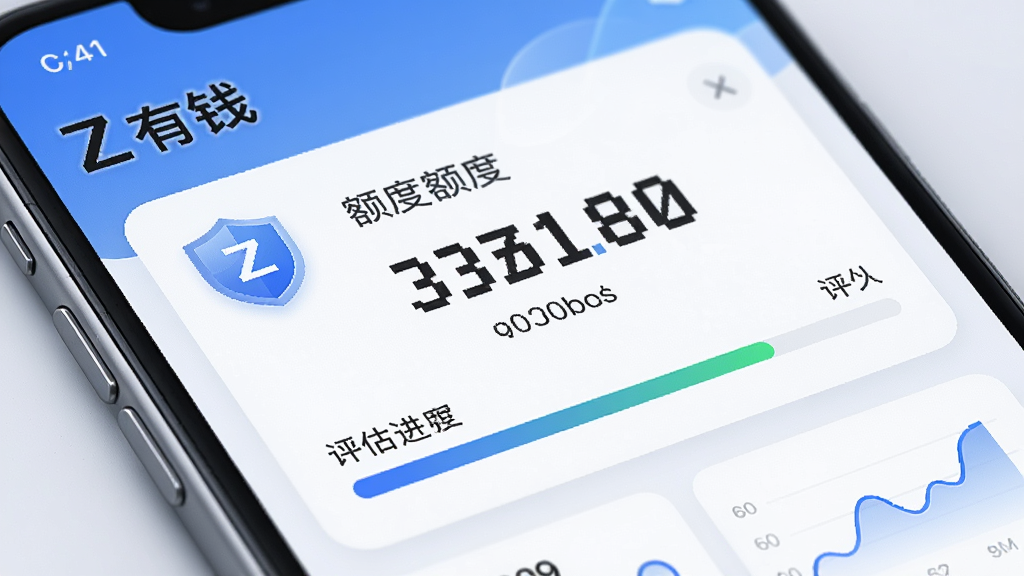 一幅AI生图,主体为“Z有钱”应用界面特写,布局上显示额度数字与评估进度条,风格为现代金融科技感,细节包含盾牌图标、数据图表,画质高清,干净无多余元素。