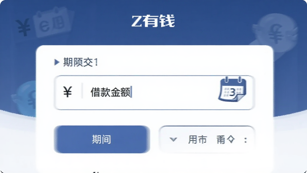 一幅AI生图,画面中央为“Z有钱”借款页面,布局展示借款金额输入框与期限选择按钮,风格简洁商务,细节有人民币符号、日历图标,画质清晰,干净无多余元素。