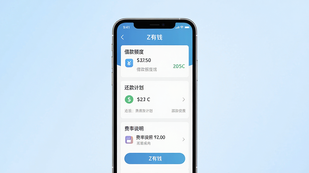 一张展示手机屏幕的图片,屏幕中央显示“Z有钱”应用主界面,界面包含借款额度、还款计划、费率说明等模块。主体为一部现代智能手机,布局居中,背景为简洁的浅蓝色渐变,风格为扁平化UI展示,细节包括图标、文字标签、按钮,画质清晰干净,无多余元素。