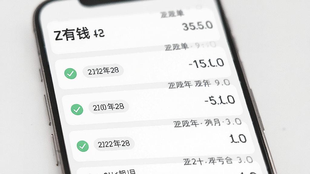 一幅AI生图,主体为“Z有钱”账单列表界面,布局为列表式卡片,风格清爽极简,细节包含对勾图标、日期标签,画质高清,干净无多余元素。