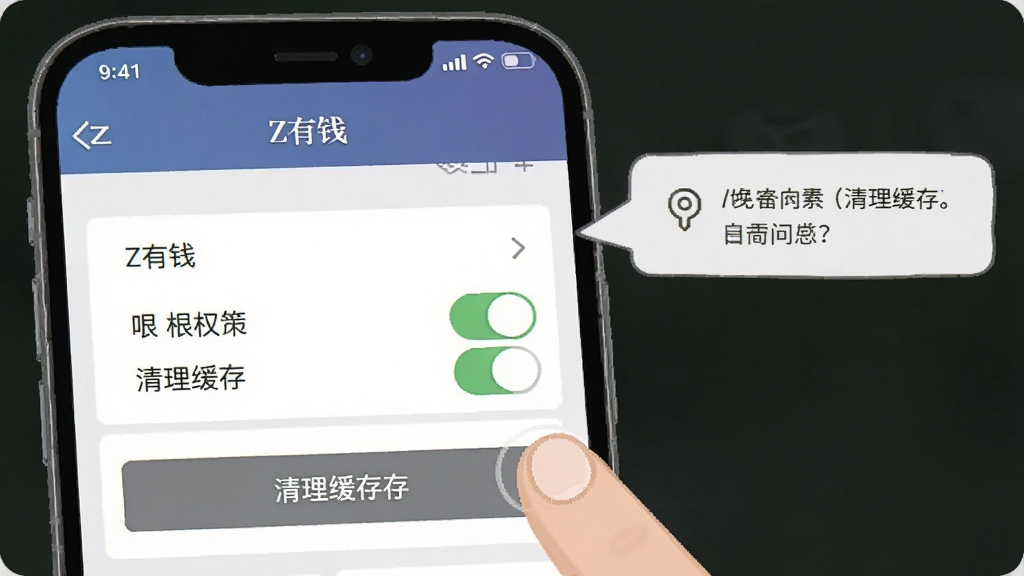 一幅AI生图,主体为手机屏幕显示“Z有钱”设置界面,布局展示权限开关与清理缓存按钮,风格为扁平化教程示意,细节包含手指点击动作、提示气泡,画质清晰,干净无多余元素。