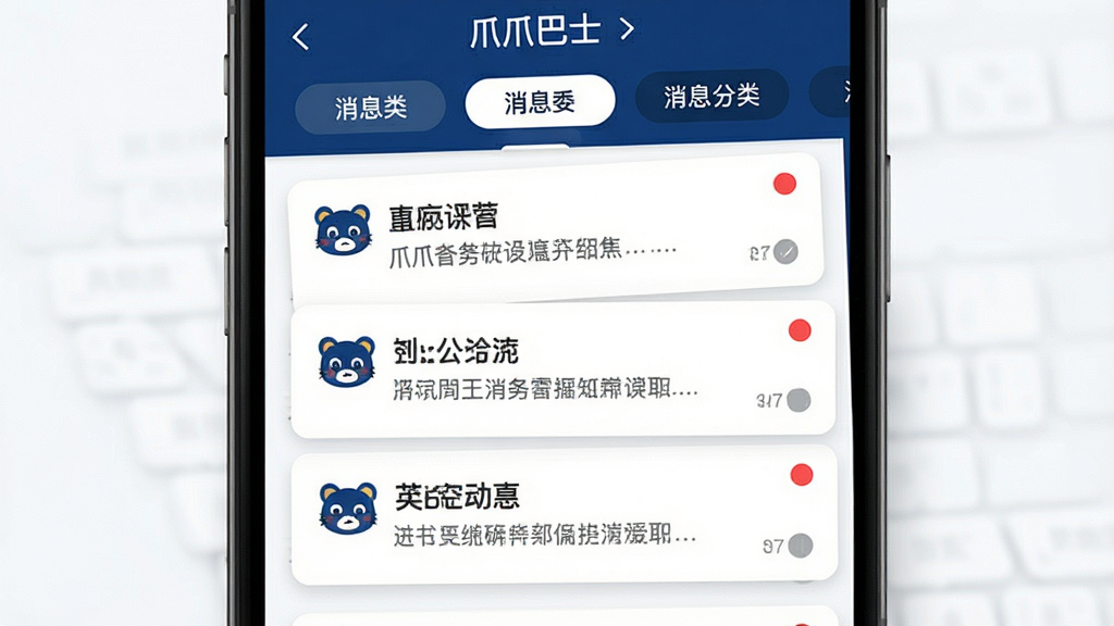 一张展示“爪爪巴士”消息通知功能的生图,主体为手机屏幕内显示通知列表与公告卡片;布局采用手机居中,屏幕内通知条目以卡片形式堆叠;排版上顶部为消息分类标签,下方为具体通知内容;风格为简约商务风格,配色以深蓝与白色为主;细节上通知卡片带有红色未读圆点,文字层级分明;画质高清,干净,无多余元素