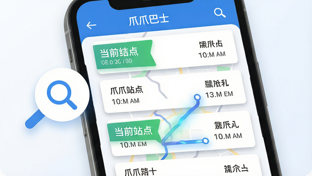 一张以“爪爪巴士”线路查询功能为主题的生图,主体为手机屏幕特写,屏幕内展示线路列表与地图轨迹;布局采用手机屏幕占据画面主要位置,左侧悬浮一个放大镜图标;排版上线路信息以卡片形式纵向排列,站点名称与时间信息分列两侧;风格为扁平化UI设计风格,配色以蓝白为主,辅以绿色标注当前站点;细节上地图轨迹带有渐变光效,卡片带有轻微阴影;画质清晰,干净,无多余元素