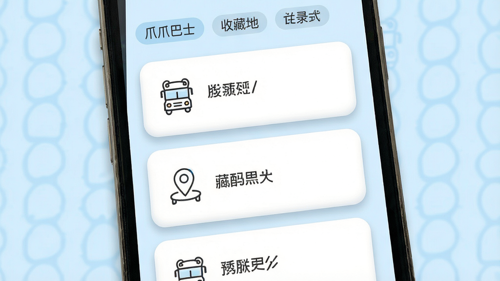 一张以“爪爪巴士”常用地点收藏功能为主题的生图,主体为手机屏幕展示收藏列表界面;布局采用卡片式排列,每个卡片包含地点图标与名称;排版上卡片纵向排列,间距均匀,顶部有分类标签;风格为柔和圆角卡片风格,配色以白色卡片搭配浅蓝底色;细节上卡片带有轻微投影,图标为线性风格;画质清晰,干净,无多余元素
