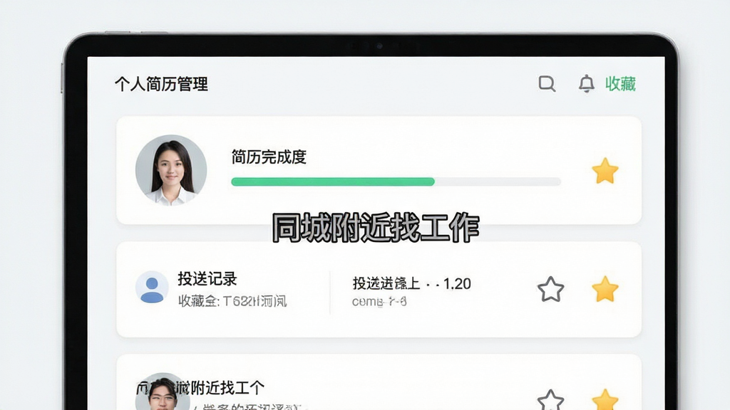 AI生图,主体为个人简历管理界面,布局为卡片式列表,排版整齐,风格清新简约,细节包含头像、简历完成度进度条、投递记录图标、收藏星标,画质高清,干净,无多余元素,画面中带有“同城附近找工作”文字