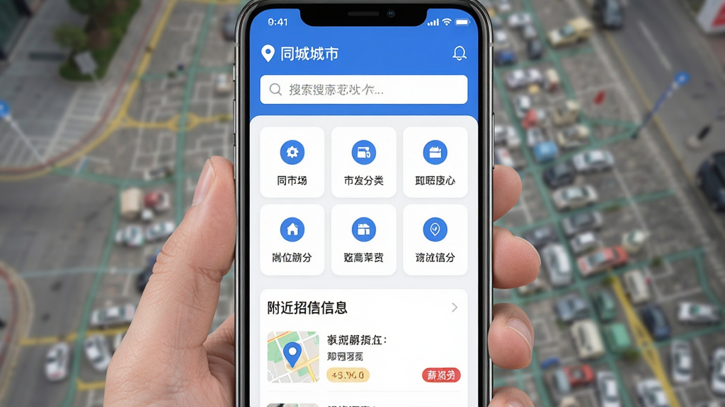 手机应用界面展示,主体为同城附近找工作APP的首页截图,布局采用上下结构,上方为定位城市与搜索栏,中部为岗位分类图标网格,下方为附近招聘信息列表,风格简洁现代,蓝白配色,细节包含地图定位图标、职位卡片、薪资标签,画质清晰,干净,无多余元素