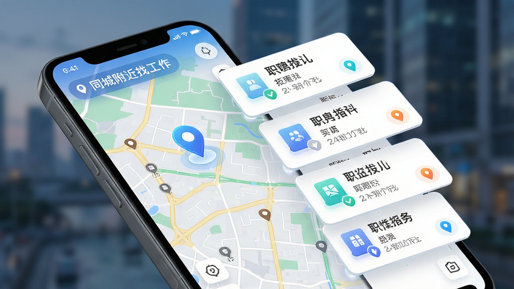 AI生图,主体为手机屏幕中显示地图与招聘信息结合的场景,布局为左地图右列表,排版清晰,风格科技感与生活化融合,细节包含定位图标、距离标注、职位卡片浮动效果,画质高清,干净,无多余元素,画面中带有“同城附近找工作”文字