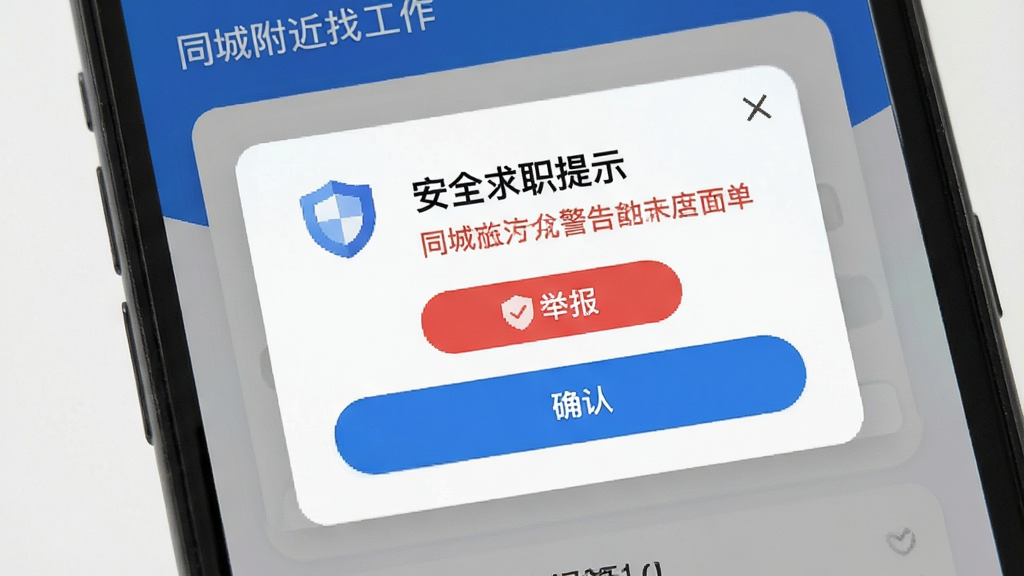 AI生图,主体为手机屏幕显示安全求职提示弹窗,布局为居中卡片式,排版简洁,风格警示与友好结合,细节包含盾牌图标、红色警告文字、举报按钮、蓝色确认按钮,画质清晰,干净,无多余元素,画面中带有“同城附近找工作”文字