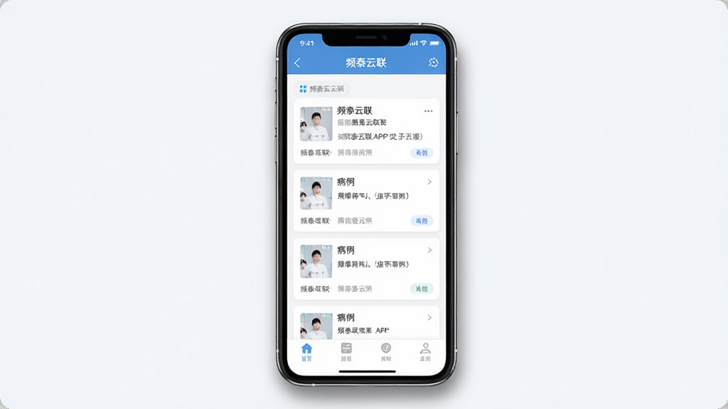一张展示手机端频泰云联APP操作界面的示意图,主体是一部智能手机,屏幕上显示频泰云联的病例列表页面,布局为居中展示,风格为现代移动应用界面,细节包括顶部导航栏、病例卡片、底部标签栏、柔和的阴影效果,画质高清,干净,无多余元素,图片中文字标注“频泰云联”