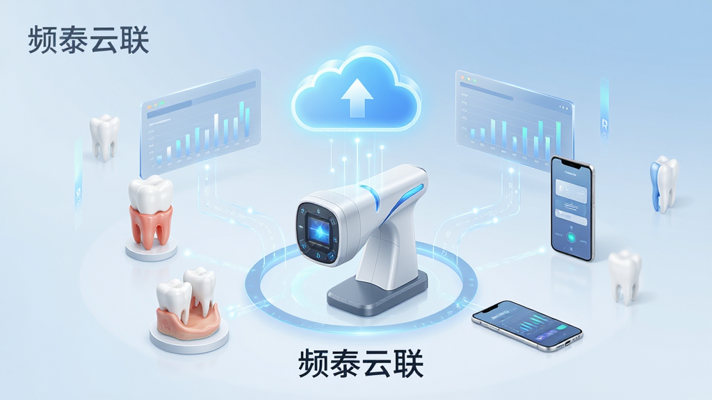 一张展示口腔数字化互联平台全貌的概念图,画面中央放置一台口内扫描仪,扫描仪上方连接着发光的云朵图标,云朵周围环绕着牙齿模型、数据图表和移动设备,整体布局采用中心辐射式构图,风格为现代科技医疗风,细节包括柔和的蓝白渐变背景、清晰的数据传输线条、干净明亮的视觉氛围,画质高清,干净,无多余元素,图片中文字标注“频泰云联”