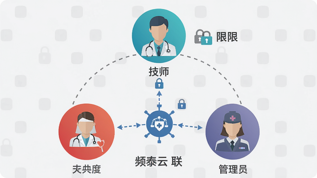 一张展示多角色协同管理的示意图,主体是三个不同颜色的人物图标分别代表医生、技师和管理员,布局为三角形排列,中间用虚线连接到一个中心数据节点,风格为简约商务信息图,细节包括圆形头像、连接线、权限锁图标、浅灰色背景,画质高清,干净,无多余元素,图片中文字标注“频泰云联”
