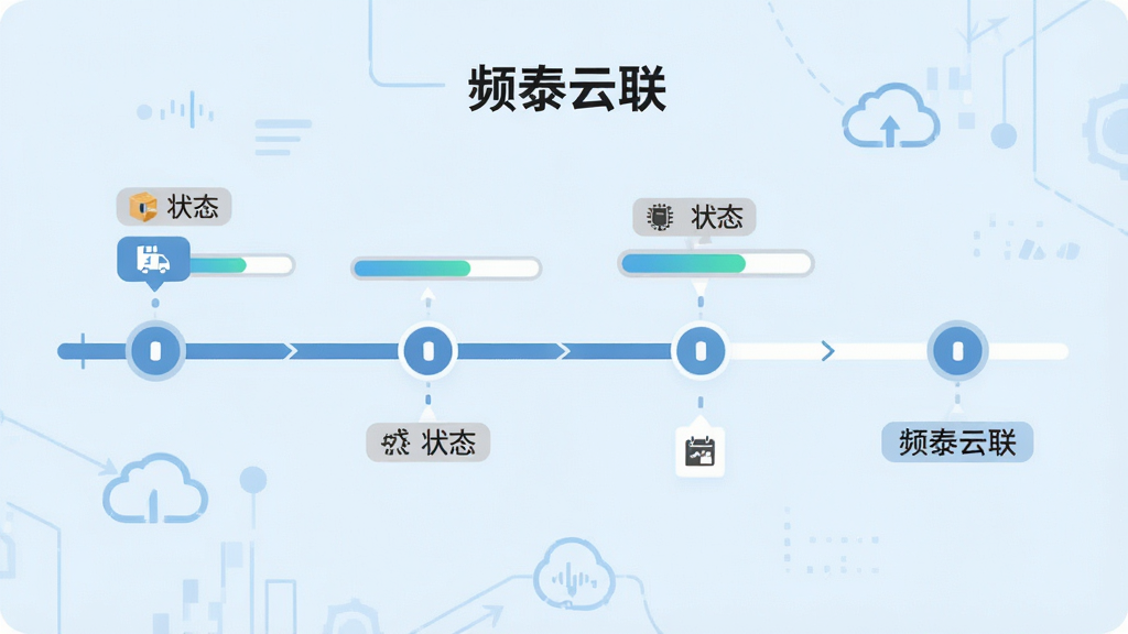 一张展示订单进度追踪的流程图,主体是一条横向的时间轴,布局为从左到右依次排列的节点,风格为简洁扁平化信息图,细节包括圆形节点图标、进度条、状态标签、浅蓝色背景,画质清晰,干净,无多余元素,图片中文字标注“频泰云联”