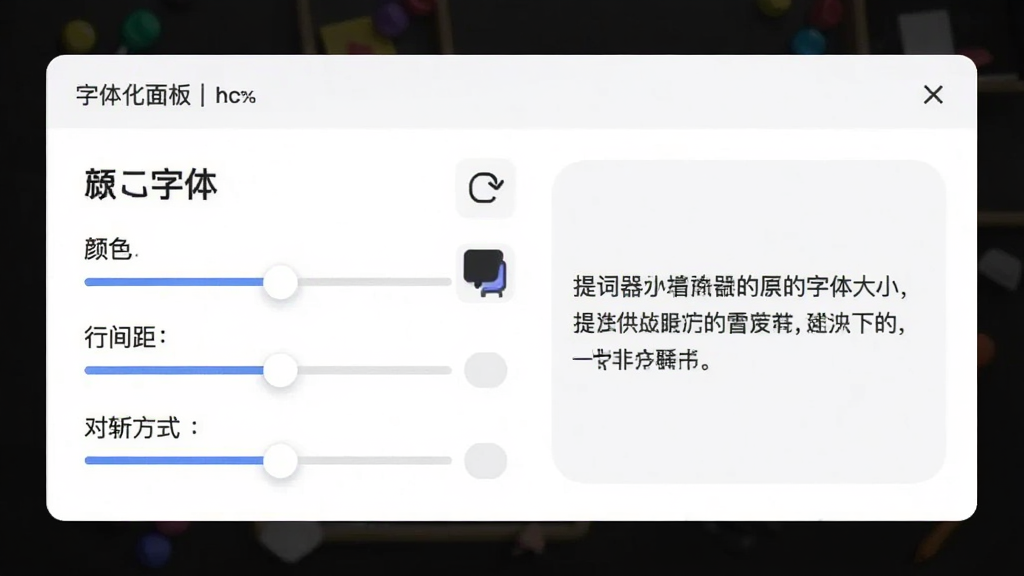 提词器应用的字体设置面板,面板中展示了字体大小、颜色、行间距和对齐方式的调节选项,旁边有一小段示例文字实时预览效果,整体采用卡片式布局,风格清新简洁,画质清晰,突出个性化定制功能