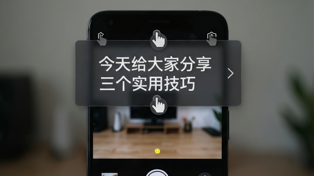 一部安卓手机屏幕上方悬浮着一个半透明的提词器窗口,窗口内显示着“今天给大家分享三个实用技巧”的文字内容,手机背景是相机录制界面,悬浮窗边缘有细微的拖拽手柄图标,整体采用深色主题风格,画面干净整洁,突出悬浮提词功能,画质高清,布局居中,无多余元素