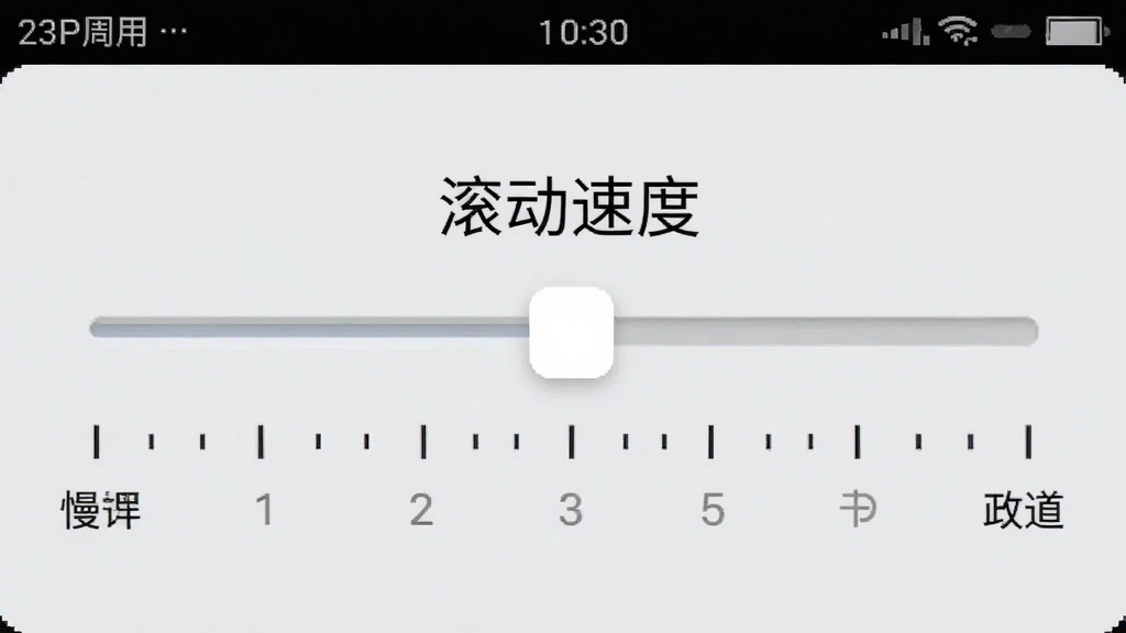 提词器应用内的速度调节界面截图,画面中有一条横向滑动条,滑动条上方显示“滚动速度”字样,下方有从慢到快的刻度标识,背景为淡灰色,整体设计简约,突出速度调节功能,画质清晰,无多余装饰元素