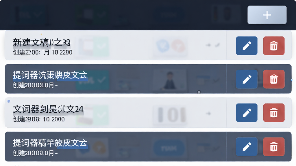 提词器应用的文稿管理列表界面,列表中展示了多个文稿条目,每个条目有标题和创建时间,右侧有编辑和删除按钮,顶部有新建文稿的加号按钮,整体采用列表式布局,风格简洁商务,画质清晰,突出多文稿管理功能