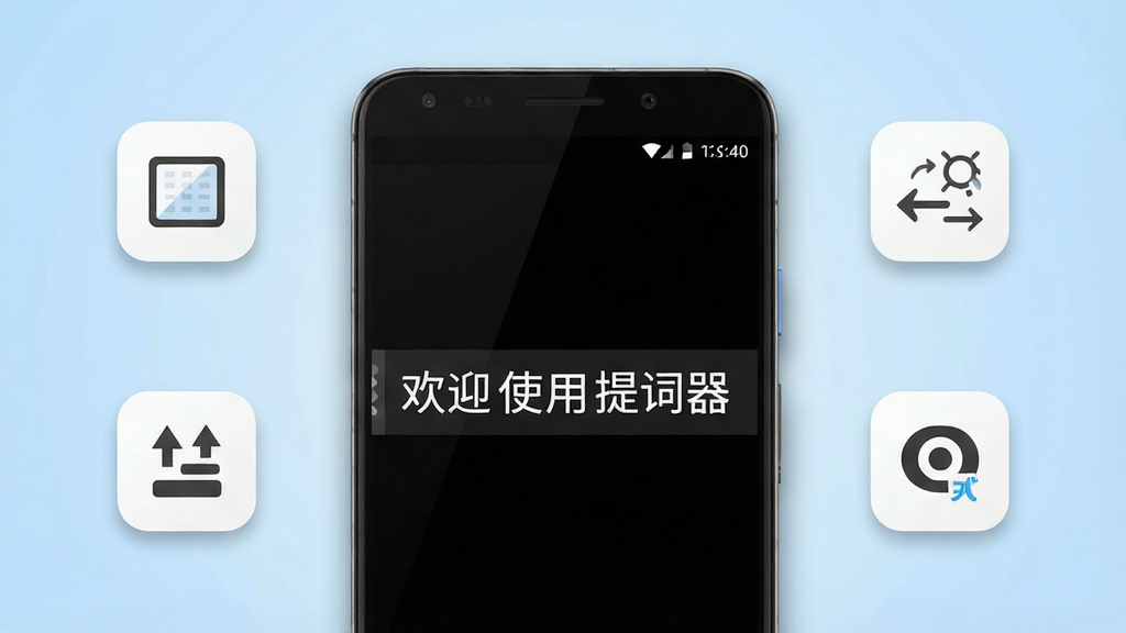 一张展示提词器手机应用界面的产品效果图,画面中央是一部安卓手机,手机屏幕上显示着带有滚动字幕的提词界面,字幕文字为“欢迎使用提词器”,手机周围环绕着几个功能图标,分别代表悬浮窗、速度调节、字体设置和镜像模式,整体布局简洁清晰,采用现代扁平化UI风格,细节上手机边框有轻微阴影,背景为浅蓝色渐变,画质清晰干净,无多余元素