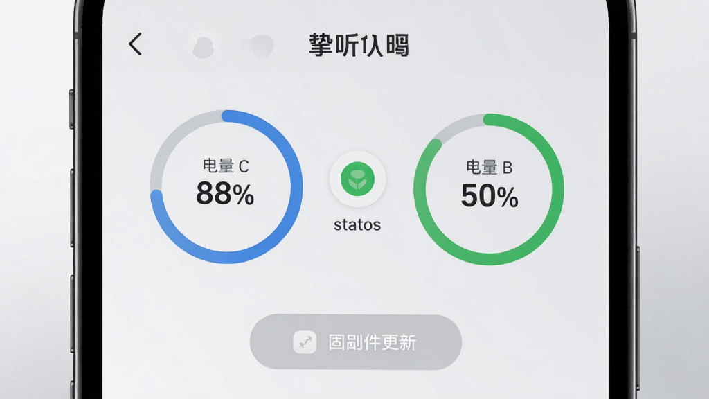 画面主体为一部智能手机屏幕特写,显示挚听App的设备管理页面,有左右耳机电量百分比圆环、连接状态图标、固件更新按钮,背景为浅灰色渐变,布局居中,风格为极简UI设计,细节包括清晰的数字、柔和的圆角图标,画质超清,干净无多余元素。