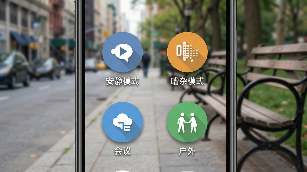 一个展示智能手机屏幕的图片,屏幕上是挚听App的场景选择界面,有四个圆形图标分别代表安静、嘈杂、会议、户外,背景是虚化的城市街道与公园长椅的融合画面,布局居中对称,风格为扁平化UI设计展示,细节包括图标的微阴影、清晰的文字标签“安静模式”“嘈杂模式”,画质高清,干净无杂物。