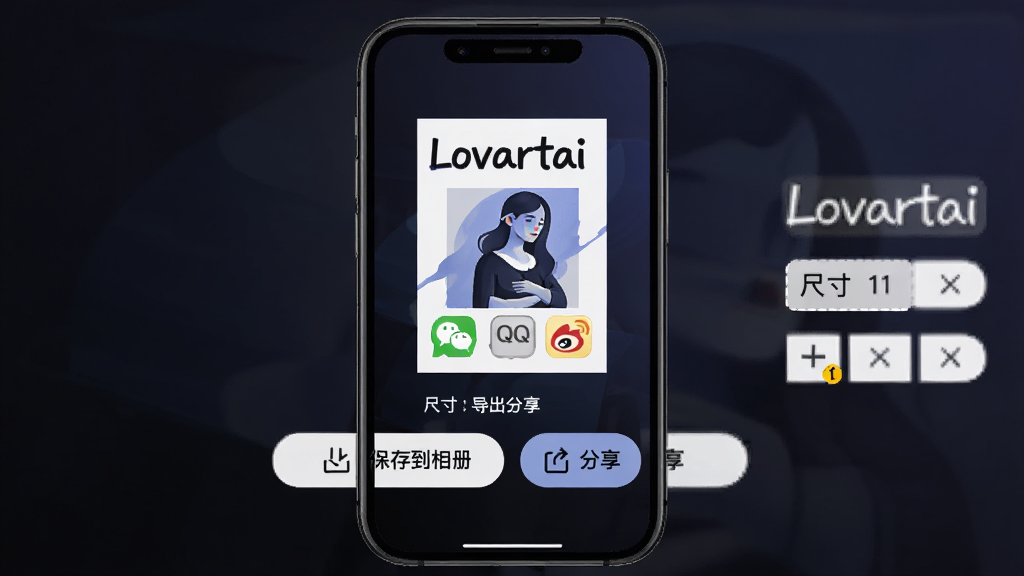 手机屏幕展示Lovartai海报制作设计的导出分享界面,画面中央是一张已完成的海报成品,下方有