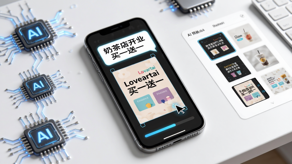 一部手机展示Lovartai海报制作设计正在生成海报的过程,屏幕上方显示输入框内写着