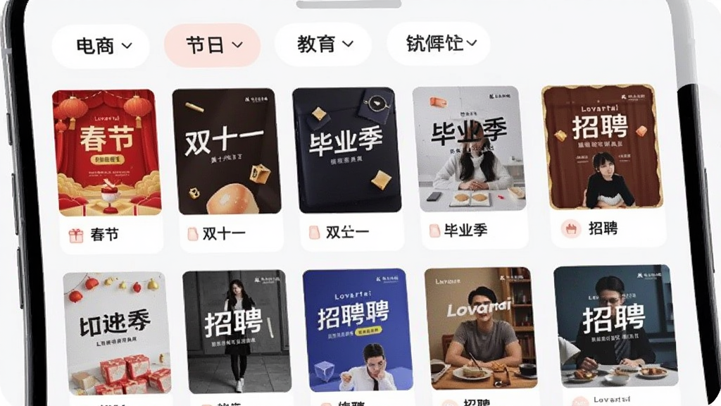 手机屏幕展示Lovartai海报制作设计的模板库界面,画面以网格形式排列大量海报模板缩略图,包含春节、双十一、毕业季、招聘等主题,顶部有分类标签如电商、节日、教育、餐饮,界面采用浅色背景配圆角卡片,风格清新明快,细节上每个模板都有小预览图和名称标签,画质高清,排版整齐,无多余元素
