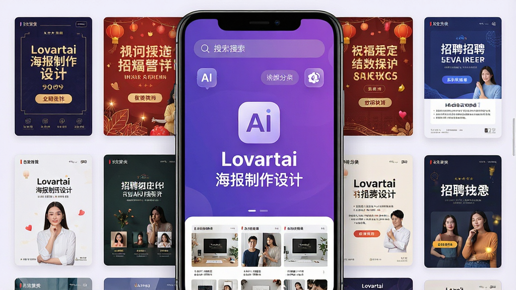 一张手机屏幕展示Lovartai海报制作设计软件主界面,画面中央是软件Logo和名称